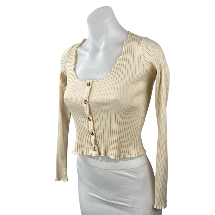 Topshop Women's Cream Ribbed Knit Lettuce Long Sleeve Button Up Crop Top Size 4