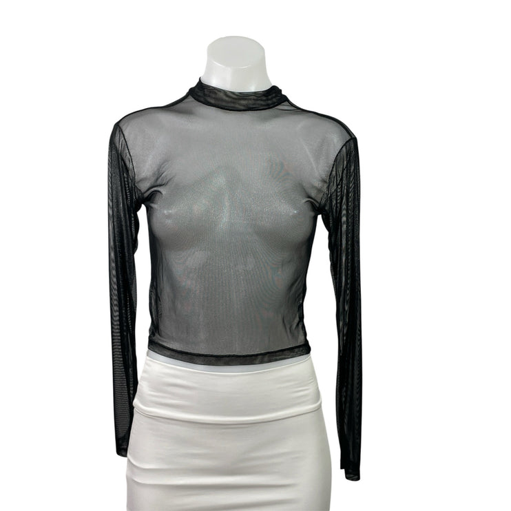 Karibik Karibik Women's Black Mesh Sheer Mock Neck Long Sleeve Crop Top Size M