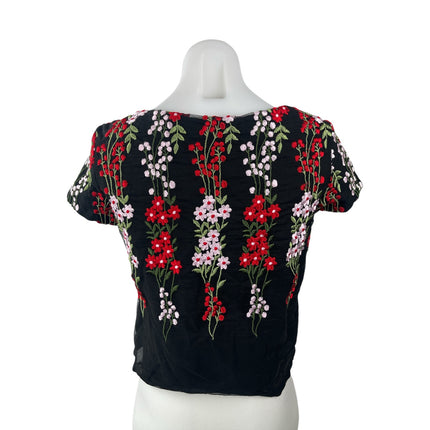 Ida Sjostedt Women's Black Floral Embroidered Short Sleeve Boxy Blouse Top Sz 8