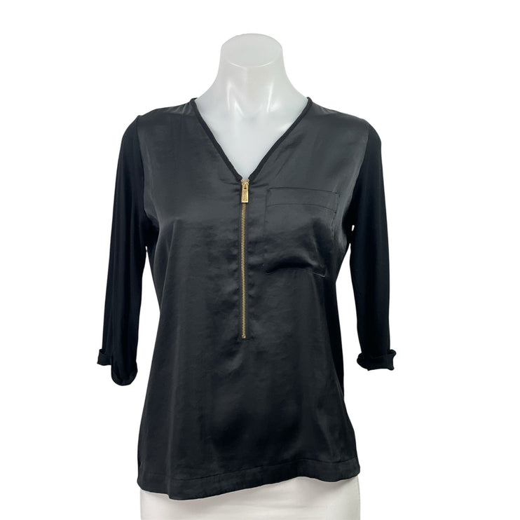Vince Camuto Women's Black Silk Satin 3/4 Sleeve Gold Zip Blouse Top Size PS