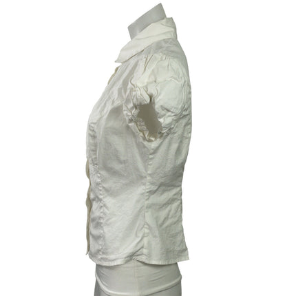 Guizio Womens White Short Puff Sleeve Collared Button Down Shirt Blouse Top Sz M