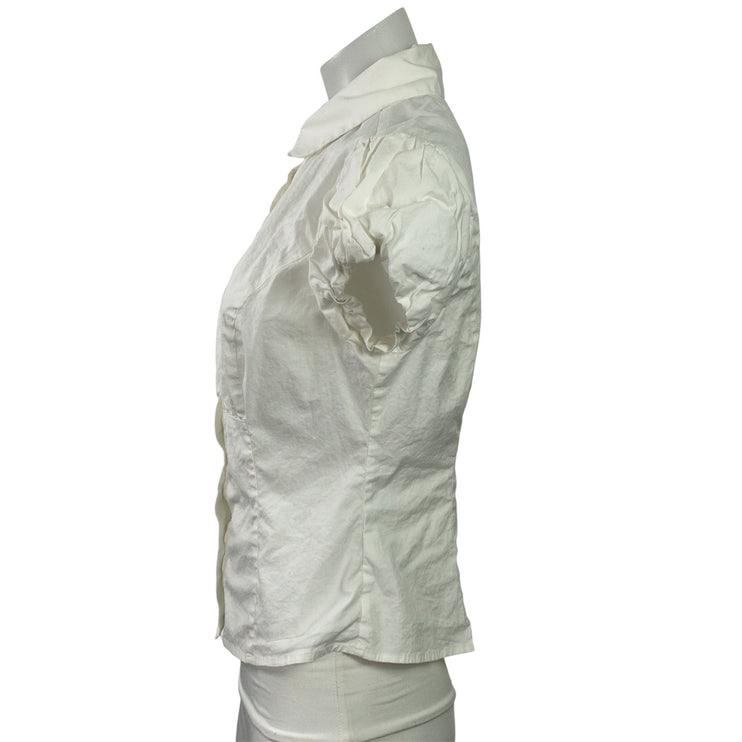 Guizio Womens White Short Puff Sleeve Collared Button Down Shirt Blouse Top Sz M