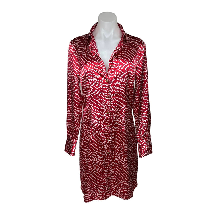 Vertigo Red Satin Polka Dot Button Down Collar Long Sleeve Shirt Dress Size M