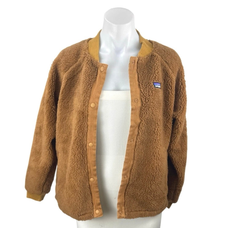 Patagonia Women's Brown Wool Sherpa Fleece Long Sleeve Snap Bomber Coat Jacket S