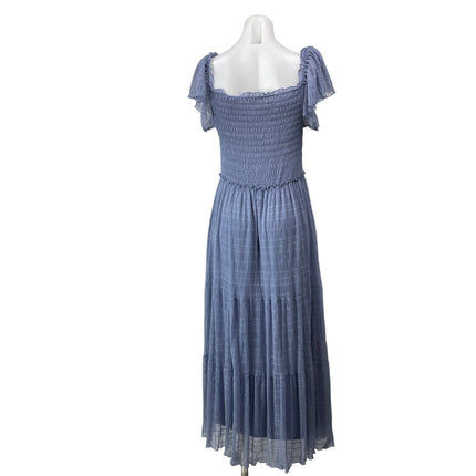 Max Studio Women's Blue Short Flutter Sleeves Mesh Tiered Smocked Midi Dress M