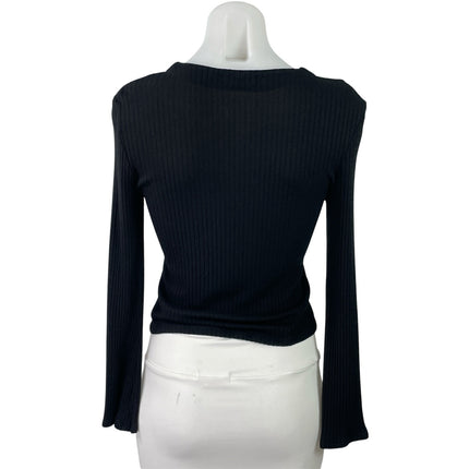 Reformation Virgil Black Ribbed Knit V Neck Long Sleeve Button Up Crop Top Sz M