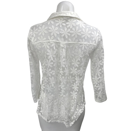 Ember White Floral Chiffon Long Sleeve Button Down Sheer Blouse Shirt Top Size S
