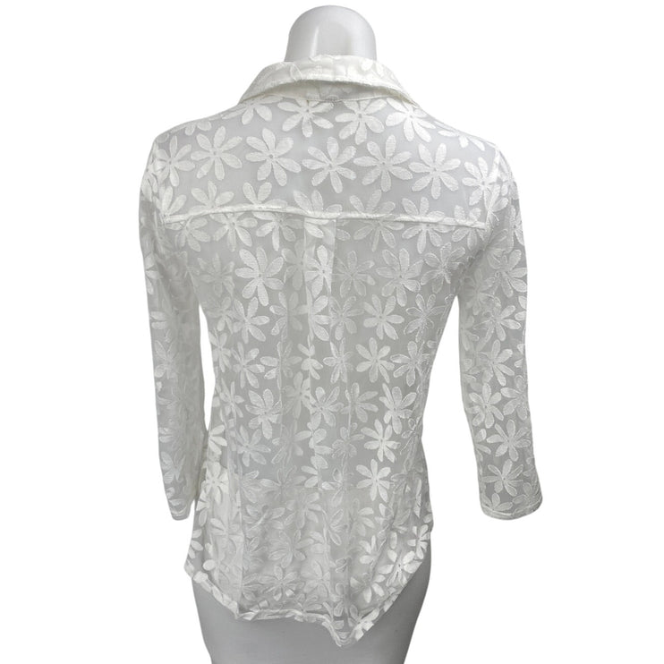 Ember White Floral Chiffon Long Sleeve Button Down Sheer Blouse Shirt Top Size S