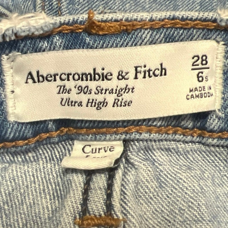 Abercrombie & Fitch Blue Distressed 90s Straight High Rise Denim Jeans Size 28