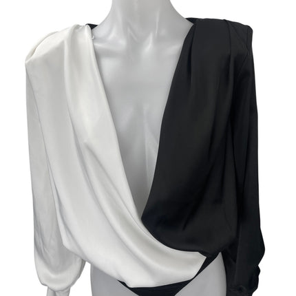 Peace + Love Black White Silk Satin Long Sleeve Plunge Colorblock Bodysuit Top 2
