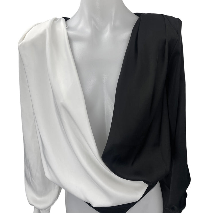 Peace + Love Black White Silk Satin Long Sleeve Plunge Colorblock Bodysuit Top 2