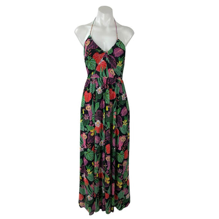 Betsy Johnson Paulina Tropical Black Halter V Neck Open Back Maxi Dress Size XS
