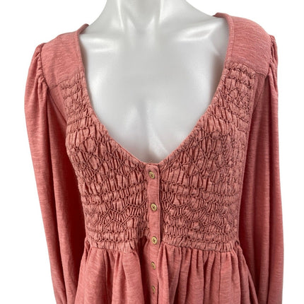 Free People Don't Call Me Baby Pink Smocked Long Sleeve Peplum Blouse Top Size M