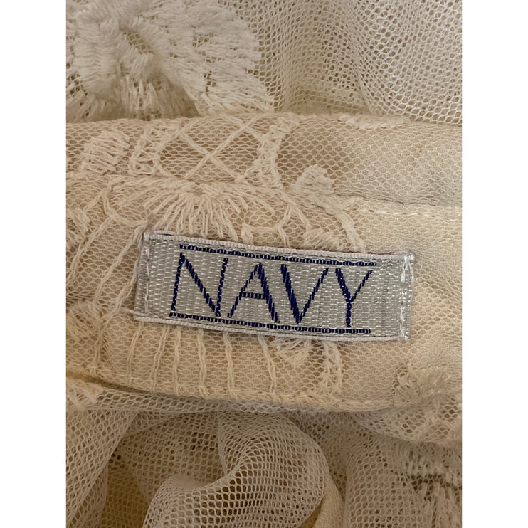 Navy Cream Floral Lace Mesh Sheer Long Puff Sleeve Button Down Shirt Dress OS