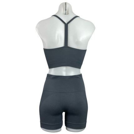 Set Active Blue Gray Ribbed Knit Yoga Sports Bra Biker Shorts Athletic Set Sz S