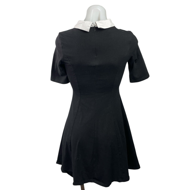 Aphratti Black Collared Pleated Short Sleeve Mini Fit & Flared Skater Dress XS