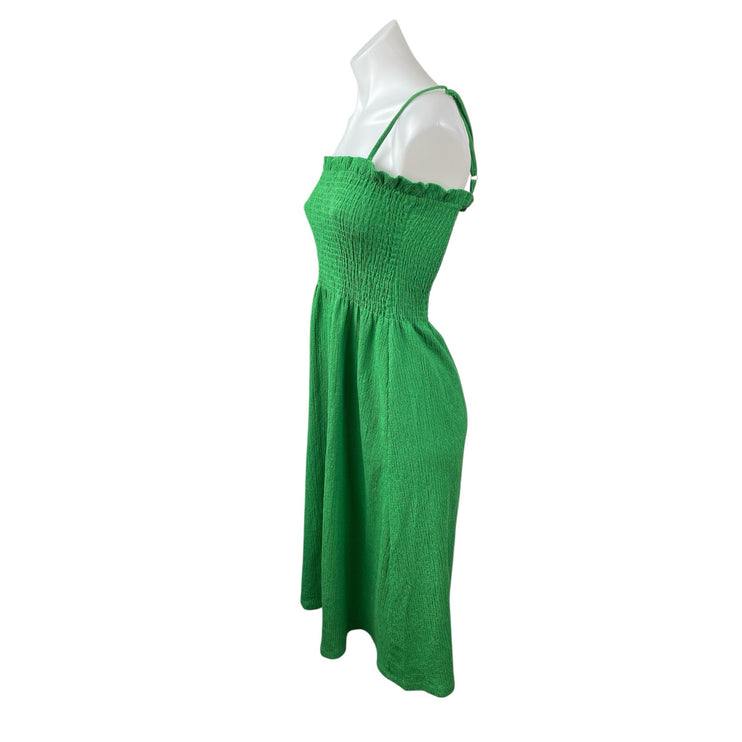 H&M Green Smocked Sleeveless Ruffle Crinkle Pleated Cami A Line Midi Dress Sz S