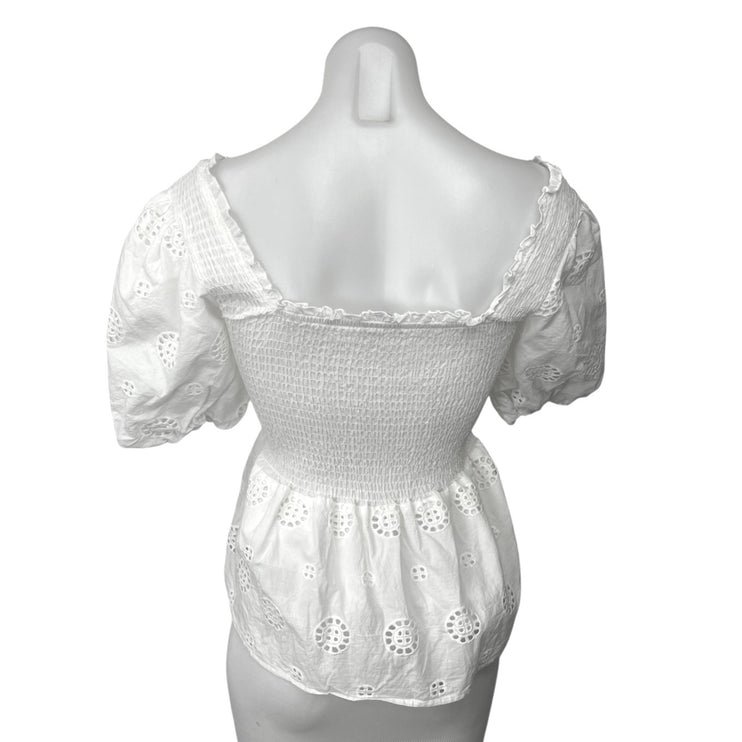 Koko + Mason White Smocked Eyelet Puff Sleeve Square Neck Peplum Blouse Top Sz M