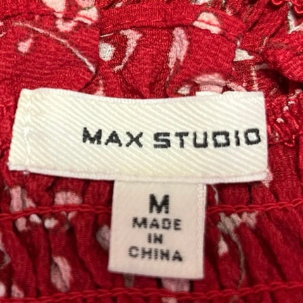 Max Studio Red Floral Ruffle Stretch 3/4 Sleeve Smocked Peplum Blouse Top Size M