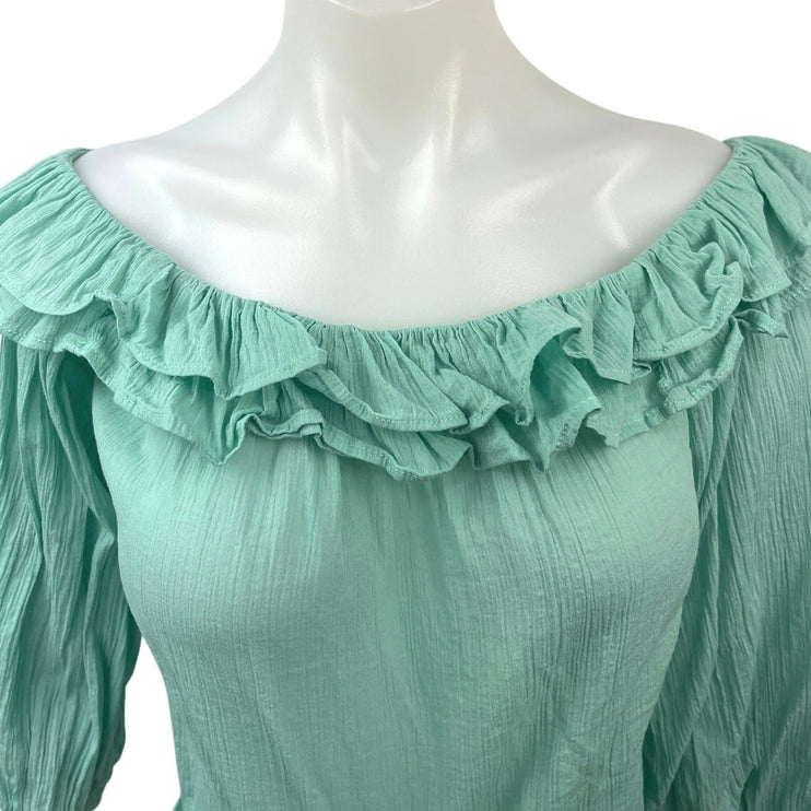 Zara Green Ruffle Tiered Off The Shoulder 3/4 Sleeve Crop Blouse Top Size S