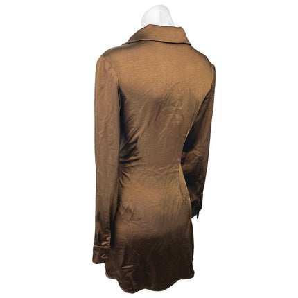 Garota Brown Silk Satin Long Sleeve Collar V-neck Mini Wrap Shirt Dress Size S