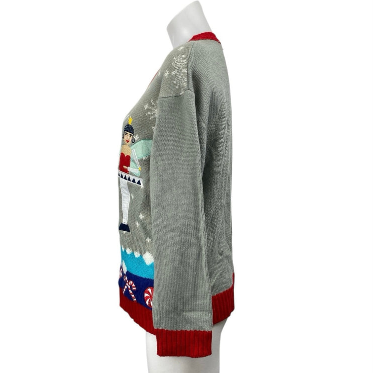Women's Gray Nutcracker Ballerina Whimsical Button Up Cardigan Sweater Size M