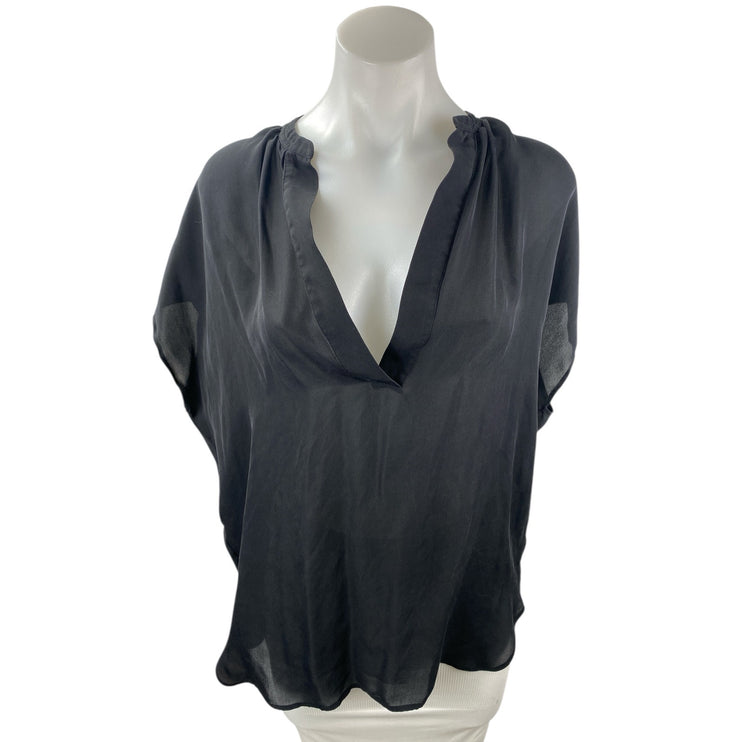Vince Women's Black Short Sleeve V Neck Loose Fit High Low Blouse Top Size M