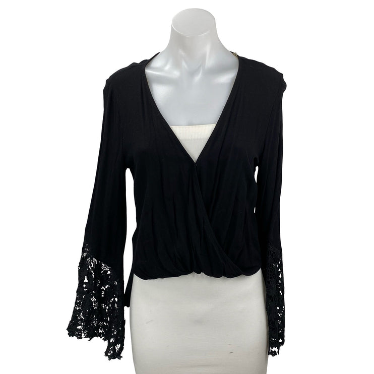 Vintage Havana Women's Black Long Sleeve Lace Trim V Neck Crop Wrap Blouse Top M