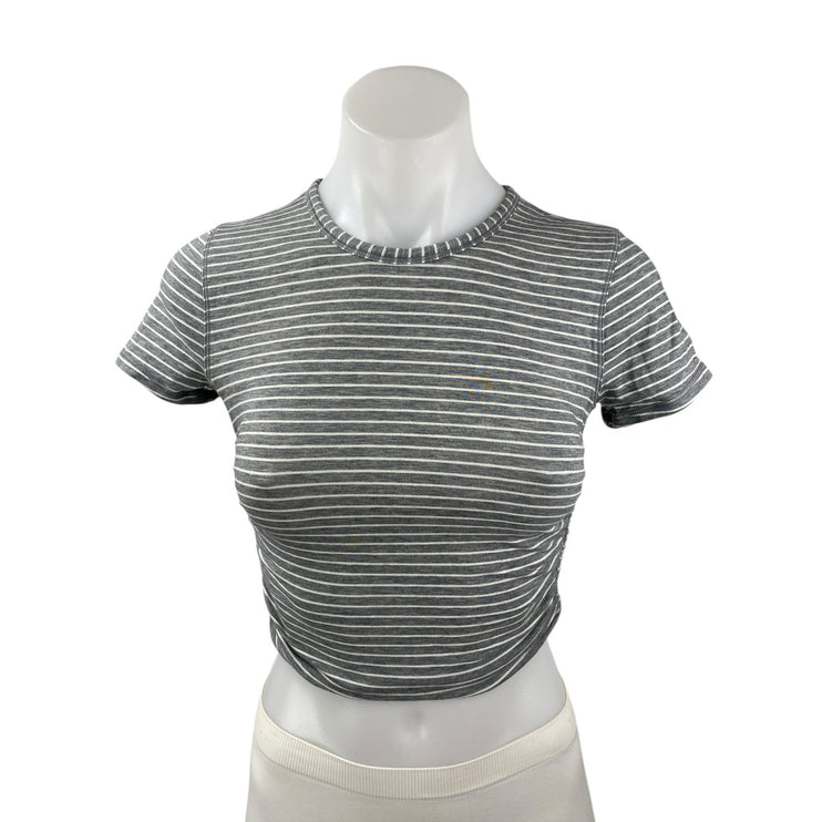 Lululemon All It Takes Gray Striped Ruched Short Sleeve Crop Tee T-shirt Top S