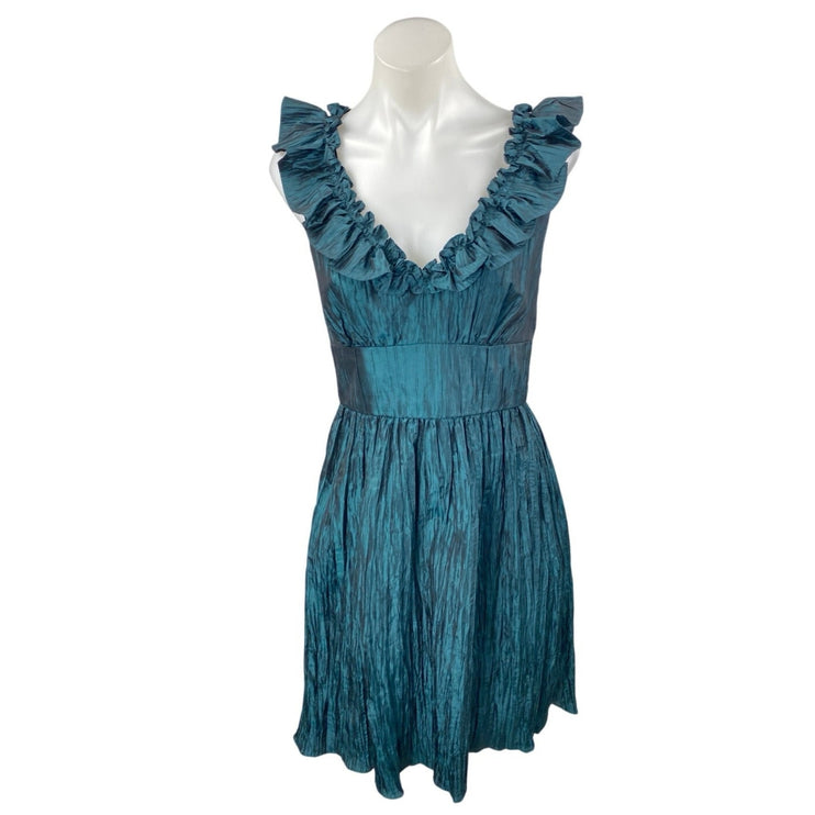 London Times Blue Silk Satin Sleeveless Ruffle Pleated Mini Fit & Flare Dress 10