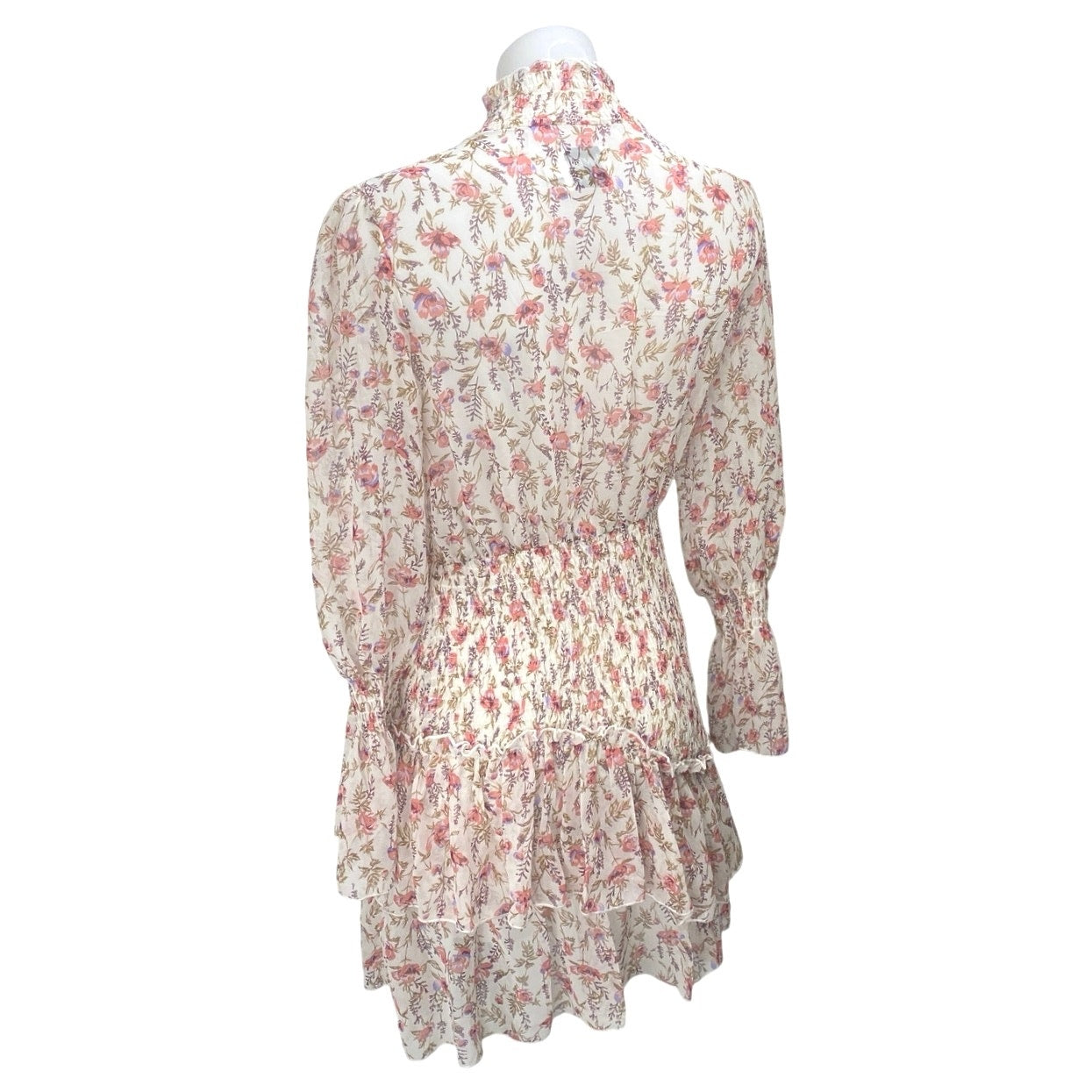 Princess Polly White Pink Floral Long Balloon Sleeve Tiered Mini A Line Dress 6 Princess Polly White Pink Floral Long Balloon Sleeve Tiered Mini A Line Dress 6