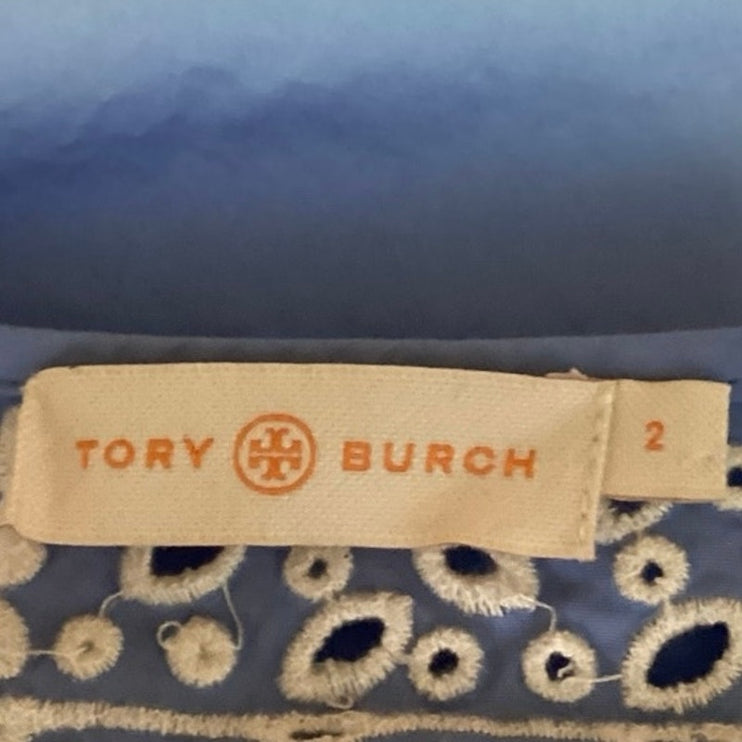 Tory Burch Blue White Embroidered Boho Half Sleeve Casual Tunic Blouse Top Size 2