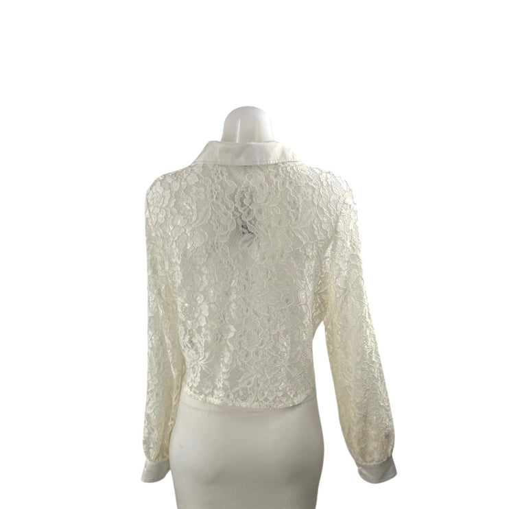 NEW Bebe White Floral Lace Collared Long Sleeve Button Down Shirt Blouse Top S