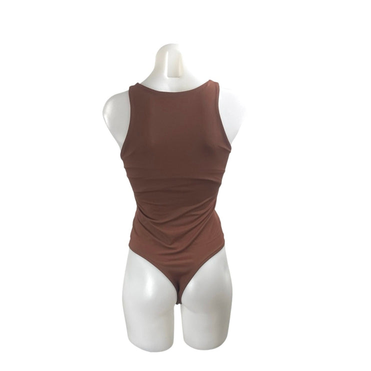 Reoria Womens Brown Sleeveless High Mock Neck Slim One Piece Tank Bodysuit Top S