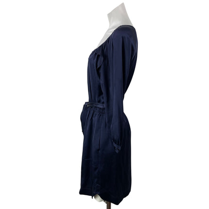 Rebecca Taylor Navy Blue 100% Silk Satin Long Sleeve Tie Blouson Mini Dress 2