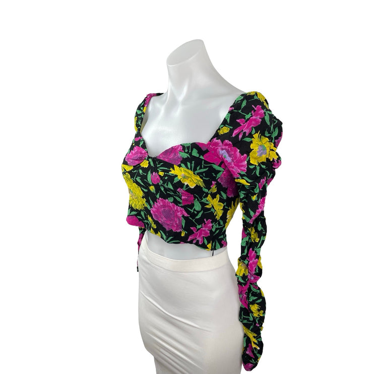 Zara Women's Multicolor Floral Ruched Long Sleeve Bustier Corset Crop Top Size M