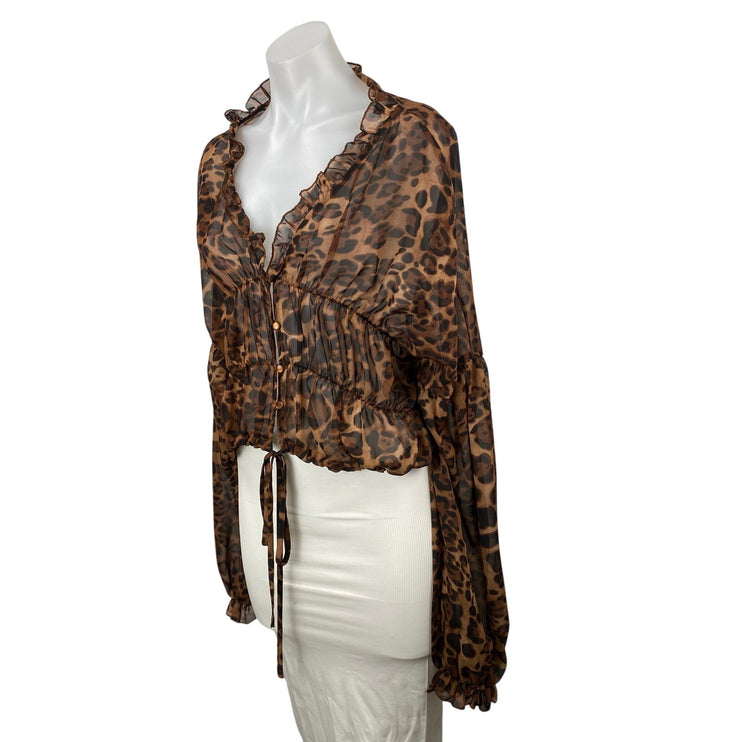 Sndys Women's Tan Brown Leopard Animal Print Ruffle Peplum Blouse Top Size 4