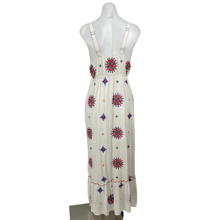 Ananta White Embroidered Tassel Sleeveless Boho Summer A Line Maxi Dress L/XL