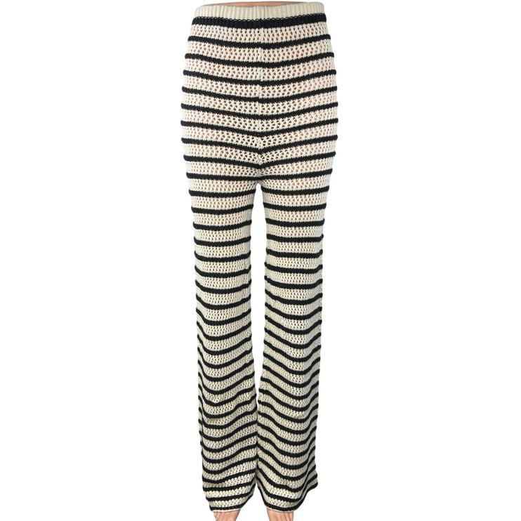 Zara White Black Striped Knit Crochet High Waist Flared Cover Up Trouser Pants M