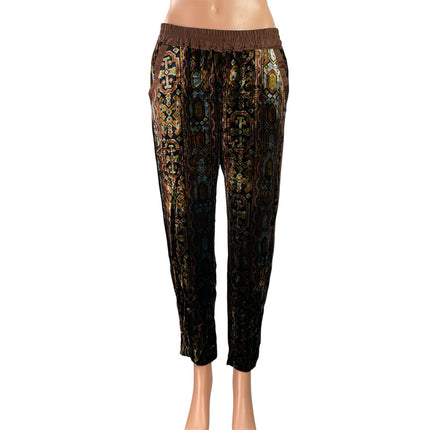 Anthropologie Elevenses Brown Velvet Velour Brocade Tapered Trousers Pants Sz M