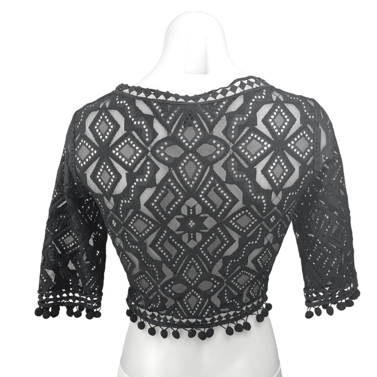 For Love & Lemons Black Argyle Pompom Lace Mesh Boho V Neck Crop Top Size XS