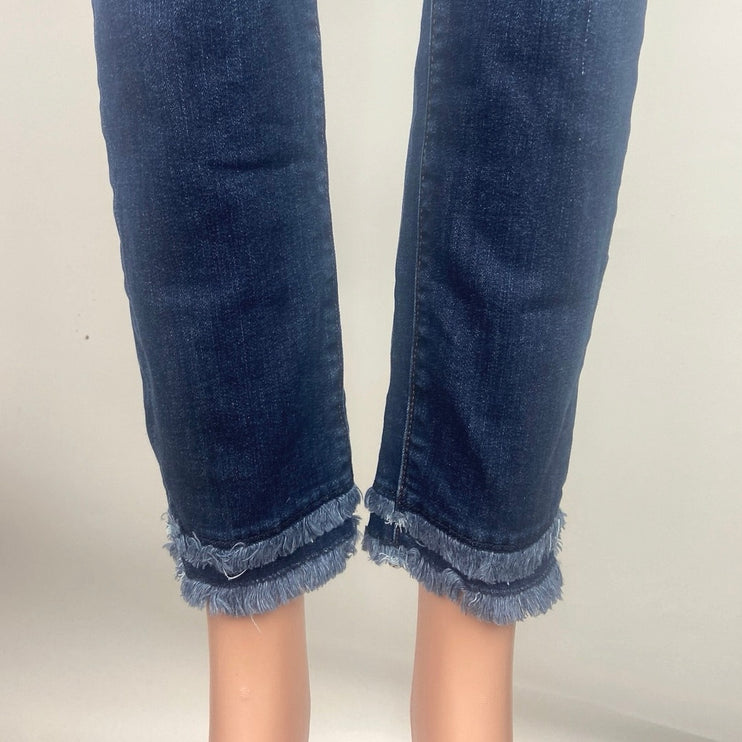 LOFT Blue Fringe Hem High Rise Straight Leg Medium Wash Ankle Denim Jeans Sz 29