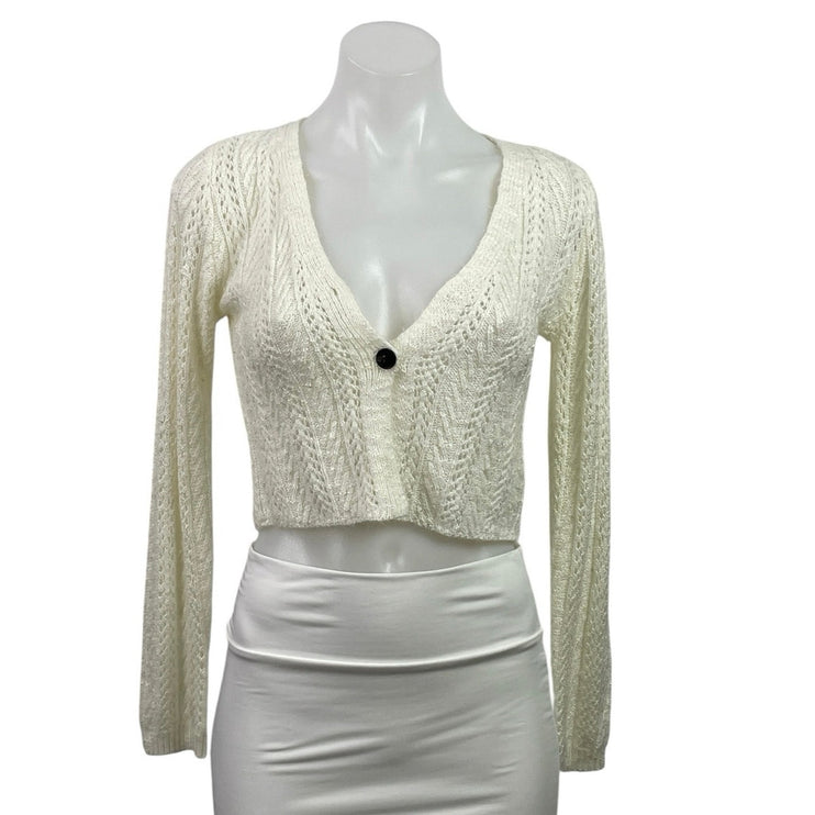 Lulus Women's Cream Pointelle Knit Long Sleeve Crop Cardigan Sweater XS