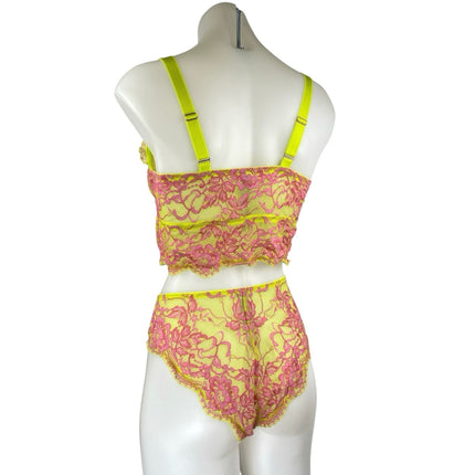 Savage x Fenty Yellow Pink Lace Brallete High Waist Bottom Lingerie 2 Pc Set 1XL