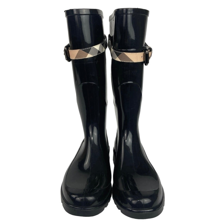 Burberry Black Kenyon Nova Plaid Belt Waterproof Rubber Rainboot Size 37 US 7