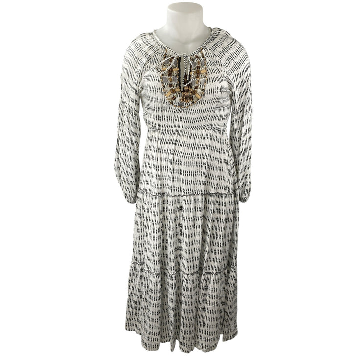 Skemo White Abstract Beaded Tie Neck Long Sleeve Tiered Midi A-line Dress Size M
