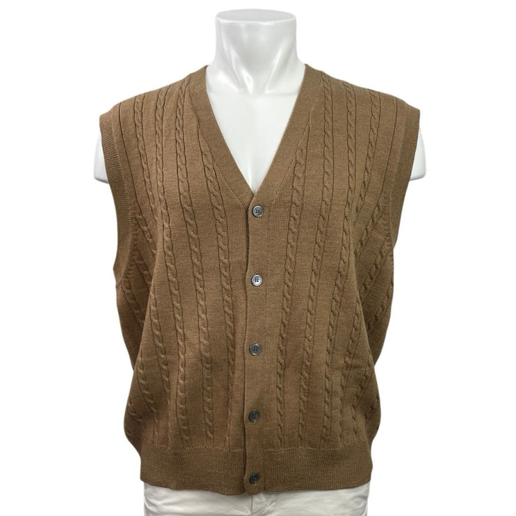 Viyella 100% Merino Wool Brown Cable Knit Cardigan Sweater Vest Tank Top Size XL