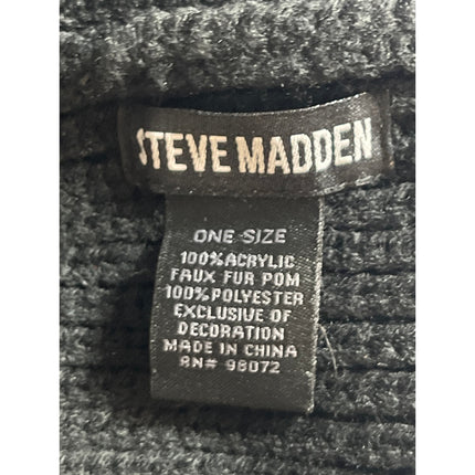 Steve Madden Black Rib Knit Cuffed Pom Pom Winter Snow Beanie Cap Hat One Size