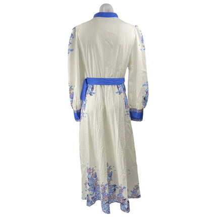 Women's White Blue Floral Long Sleeve Button Up Belted A Line Maxi Dress Size L