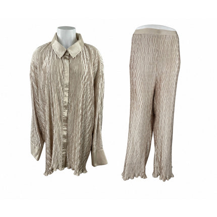 NEW PrettyLittleThing Oatmeal Beige Plisse Oversized Shirt Pants Set Size 26